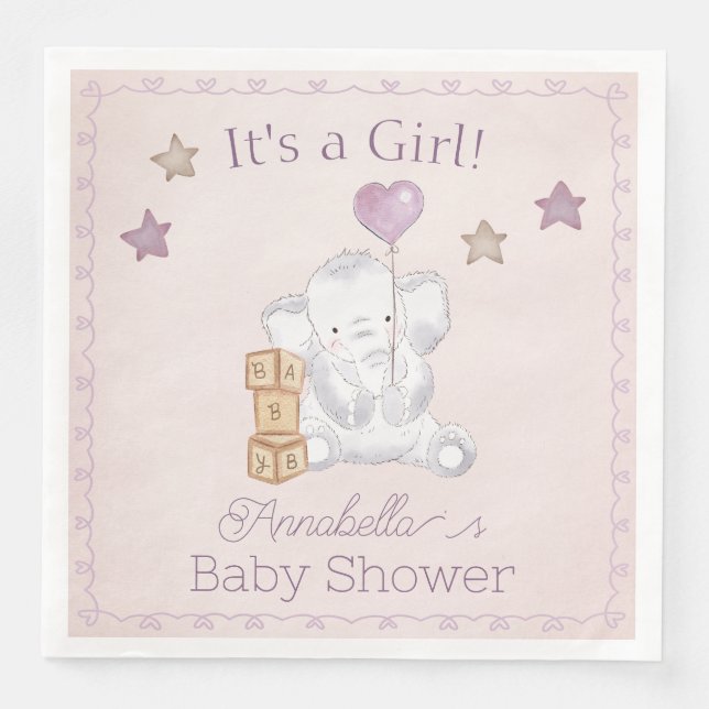 Pink Baby Girl Elephant and Balloon Watercolor Napkin (Front)
