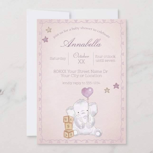 Pink Baby Girl Elephant and Balloon Watercolor on  Invitation (Front)
