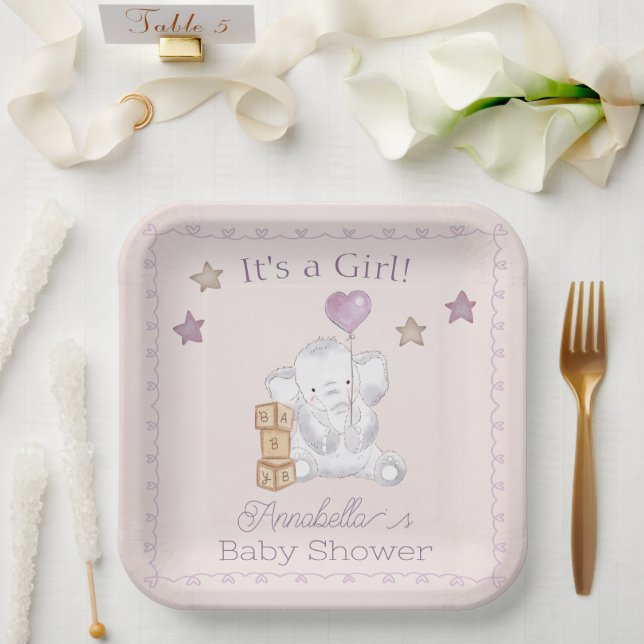 Pink Baby Girl Elephant and Balloon Watercolor Paper Plate (Wedding)