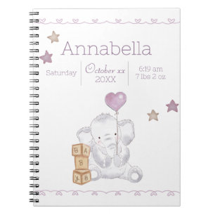 Pink Baby Girl Elephant Custom Name Birth Details Notebook
