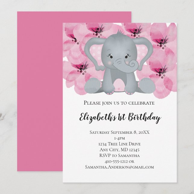 Pink Baby Girl Elephant Flowers Floral Cute Invitation (Front/Back)