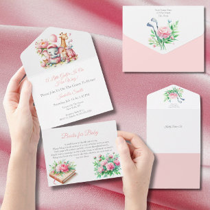 Pink Baby Girl Elephant & Giraffe Golf Baby Shower All In One Invitation