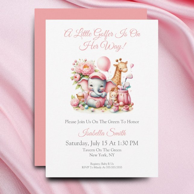Pink Baby Girl Elephant & Giraffe Golf Baby Shower Invitation (You are called to the tee box for this sweet baby girl baby shower for a golf family!)