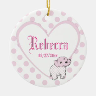 Pink Baby Girl Elephant Heart and Polka Dots Ceramic Tree Decoration