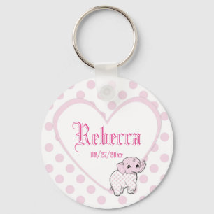 Pink Baby Girl Elephant Heart and Polka Dots Key Ring