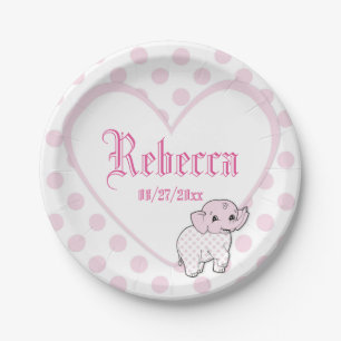 Pink Baby Girl Elephant Heart and Polka Dots Paper Plate