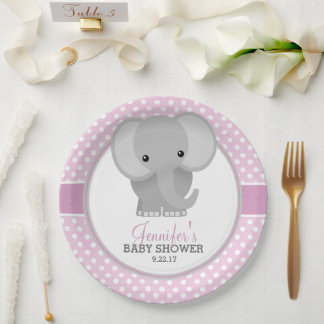Pink Baby Girl Elephant Theme Baby Shower Paper Plate