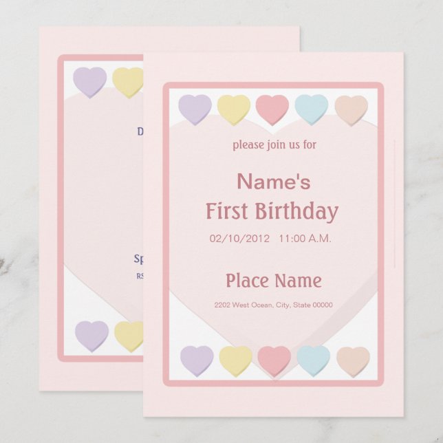Pink Baby Girl First Birthday Hearts Invitation (Front/Back)