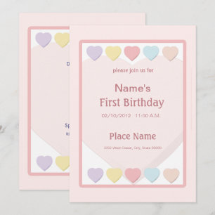 Pink Baby Girl First Birthday Hearts Invitation