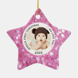 Pink Baby Girl First Christmas Name Photo Ceramic Tree Decoration