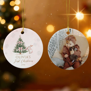 Pink Baby Girl First Christmas Snowflakes Photo Ceramic Tree Decoration