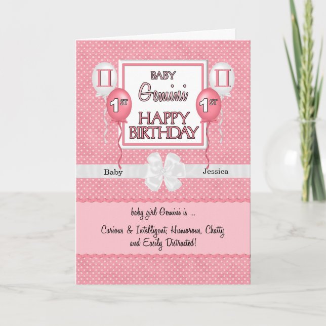 Pink Baby Girl Gemini Zodiac 1st Birthday Card (Front)