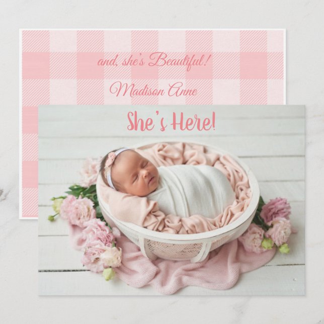 Pink Baby Girl Gingham Plaid Cute Modern Birth Announcement (Front/Back)
