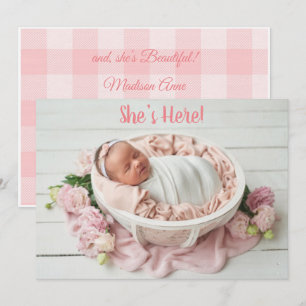 Pink Baby Girl Gingham Plaid Cute Modern Birth Announcement
