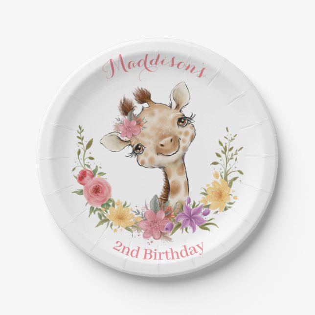 Pink Baby  Girl Giraffe Birthday Paper Plate (Front)