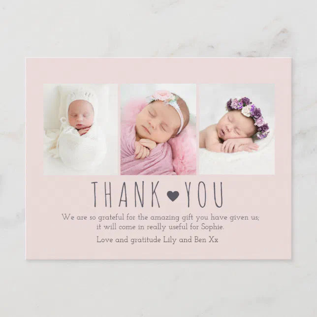 Pink baby girl modern photo thank you card | Zazzle