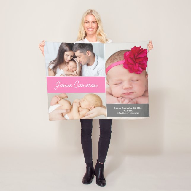 Pink Baby Girl Name Birth date stat custom photos Fleece Blanket (In Situ)