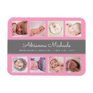 Pink Baby Girl Newborn Photo Collage Announcement Magnet