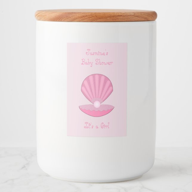 Pink Baby Girl Oyster shell and Pearl Baby Shower Food Label (Front)