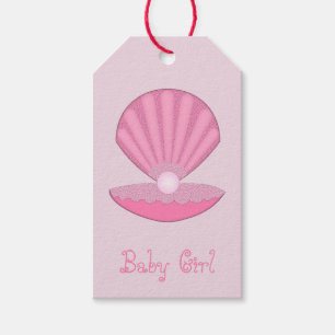 Pink Baby Girl Oyster shell and Pearl Baby Shower Gift Tags