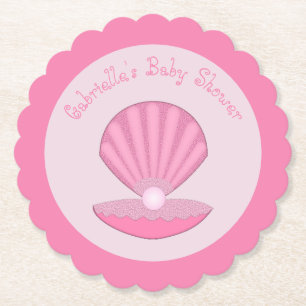 Pink Baby Girl Oyster shell and Pearl Baby Shower Paper Coaster