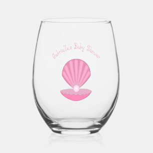 Pink Baby Girl Oyster shell and Pearl Baby Shower Stemless Wine Glass