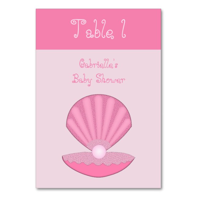 Pink Baby Girl Oyster shell and Pearl Baby Shower Table Number (Front)