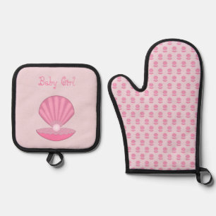 Pink Baby Girl Oyster shell and Pearl Custom Oven Mitt & Pot Holder Set