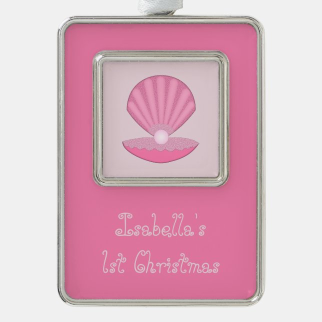 Pink Baby Girl Oyster shell and Pearl Custom Silver Plated Framed Ornament (Front)
