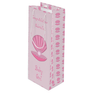 Pink Baby Girl Oyster shell and Pearl Custom Wine Gift Bag