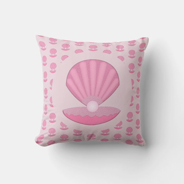Pink Baby Girl Oyster shell and Pearl Patterned Cushion (Front)