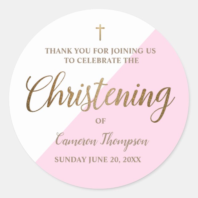 Pink Baby Girl Personalised Christening thank you Classic Round Sticker (Front)