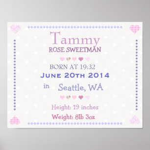 Pink Baby Girl personalised date of birth print