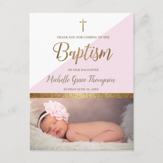 Pink Baby Girl Photo Baptism Thank You Postcard (Front)
