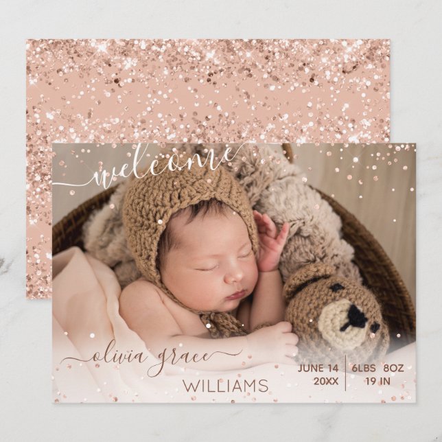 Pink Baby Girl Photo Birth Announcement (Front/Back)