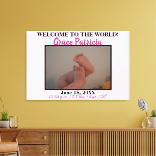 Pink Baby Girl Photo Birth Stats Canvas Print