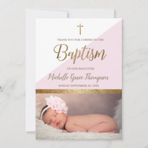 Pink Baby Girl Photo Christening Thank You Card