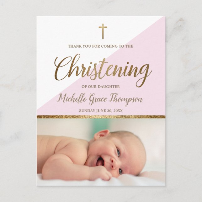 Pink Baby Girl Photo Christening Thank You Postcard (Front)