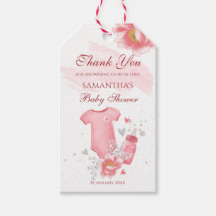 Pink baby girl romper bottle flowers baby shower  gift tags