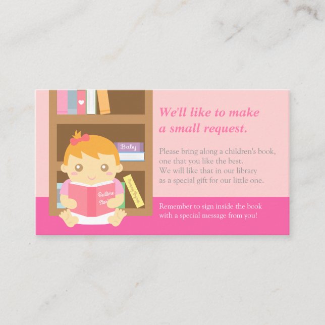 Pink Baby Girl Shower Book Insert Request Card (Front)