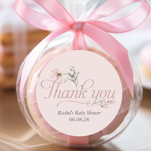 Pink Baby Girl Shower Elegant script thank you Classic Round Sticker (Elegant Pink Wildflower, Baby Girl shower favor thank you stickers.)