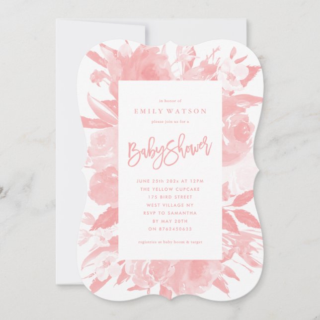Pink Baby Girl Shower Invitation Floral Watercolor (Front)