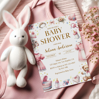 Pink Baby Girl Shower Invitation with Cute Toys 