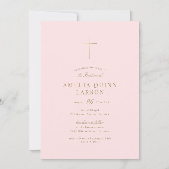 Pink Baby Girl Simple Elegant Gold Cross Baptism Invitation (Front)