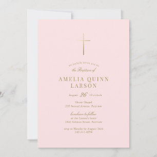Pink Baby Girl Simple Elegant Gold Cross Baptism Invitation