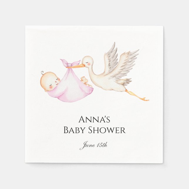 Pink Baby Girl Stork Baby Shower  Napkin (Front)