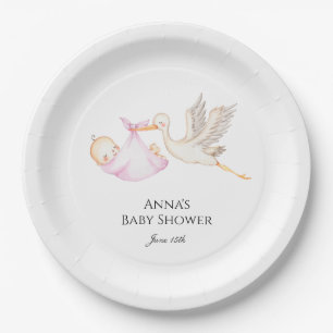 Pink Baby Girl Stork Baby Shower Paper Plate