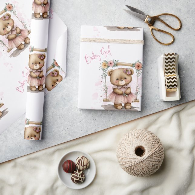 Pink Baby Girl Teddy Bear Baby Shower Wrapping Paper (Crafts)