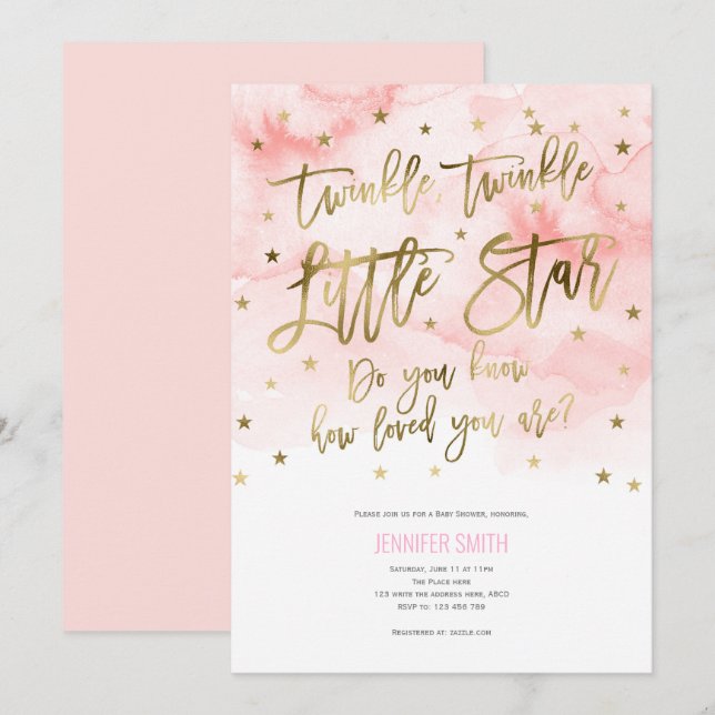 Pink, Baby Girl, Twinkle little stars, Baby Shower Invitation (Front/Back)