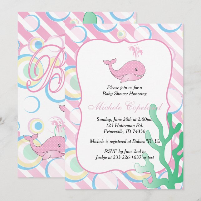 Pink Baby Girl Whale Baby Shower Invitation (Front/Back)